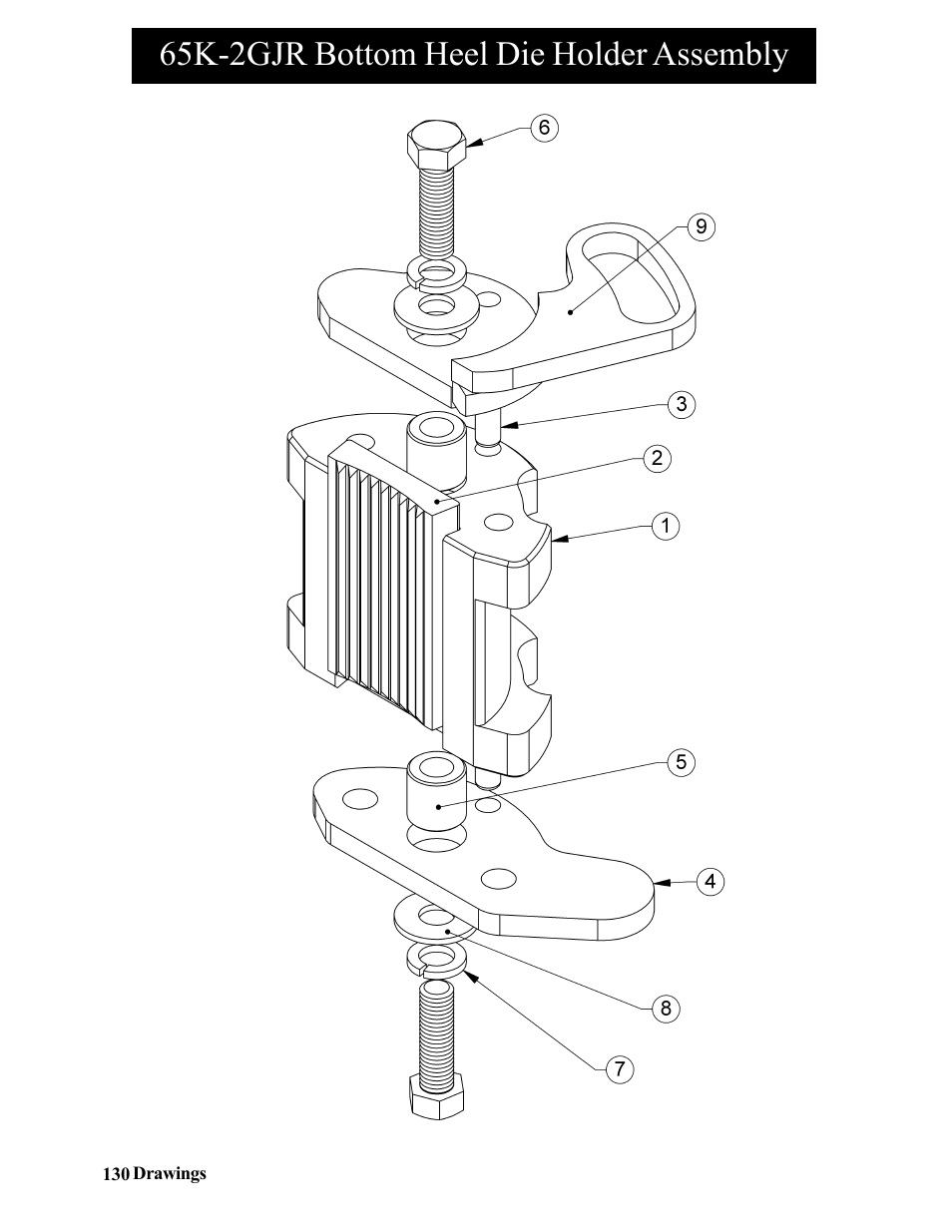 65k-2gjr middle heel die holder assembly, 65k-2gjr bottom heel die holder assembly | Hawk Industries Hawkjaw Jr. Manual 65K-2GJR Serial Numbers 21 to 32 User Manual | Page 130 / 147