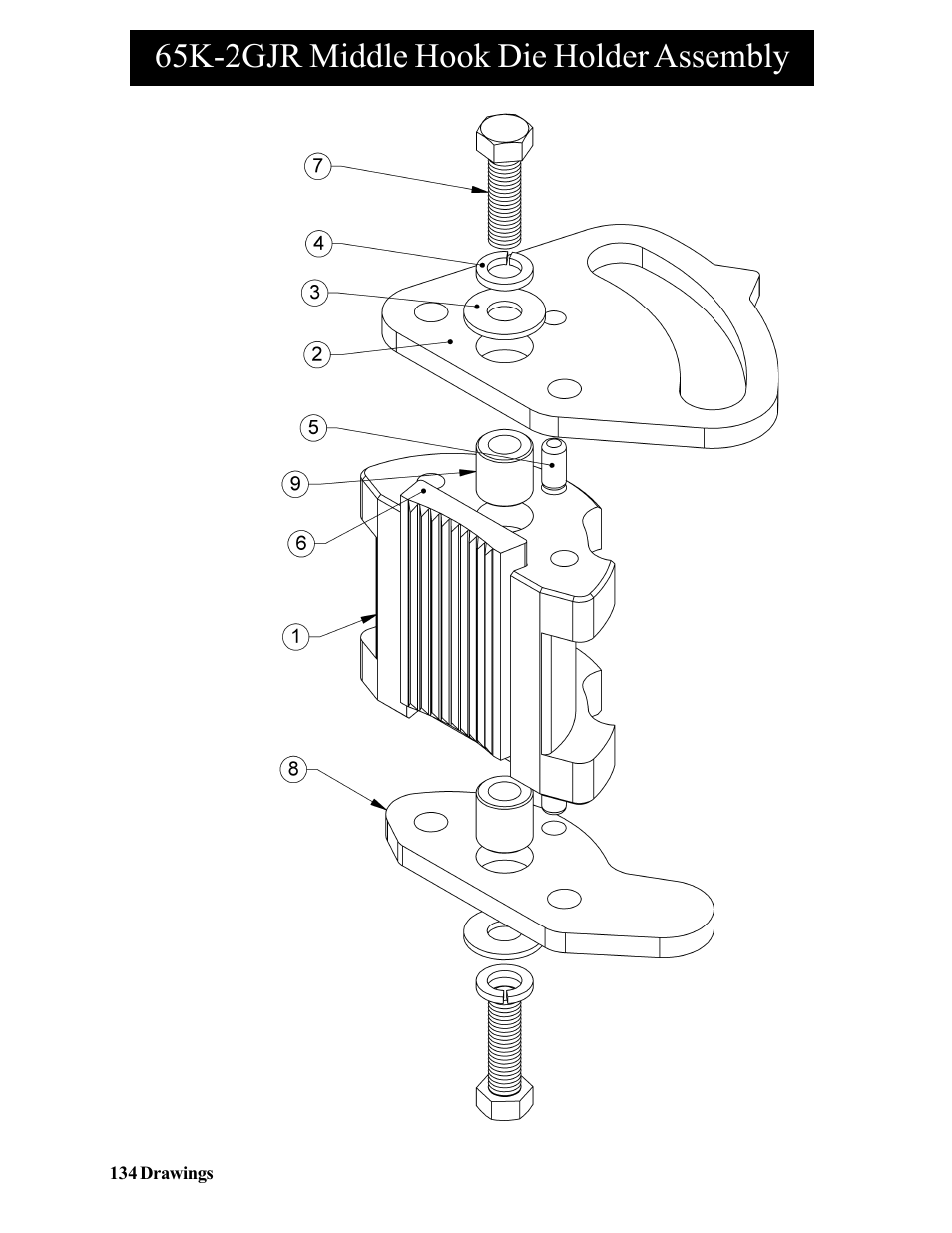 65k-2gjr top heel die holder assembly, 65k-2gjr middle hook die holder assembly | Hawk Industries Hawkjaw Jr. Manual 65K-2GJR Serial Numbers 21 to 32 User Manual | Page 134 / 147