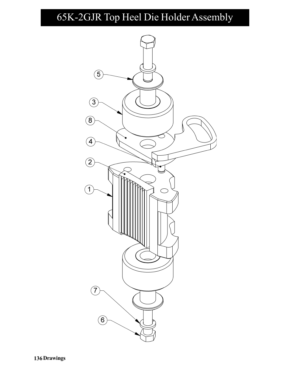 65k-2gjr top-bottom hook die holder assembly, 65k-2gjr top heel die holder assembly | Hawk Industries Hawkjaw Jr. Manual 65K-2GJR Serial Numbers 21 to 32 User Manual | Page 136 / 147