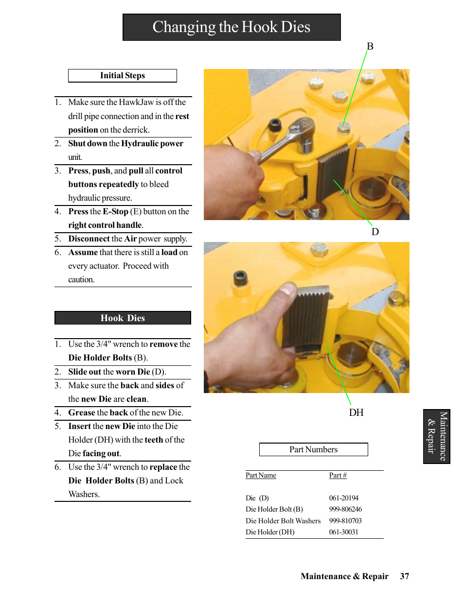 Changing the hook dies | Hawk Industries Hawkjaw Jr. Manual 65K-2GJR Serial Numbers 21 to 32 User Manual | Page 37 / 147