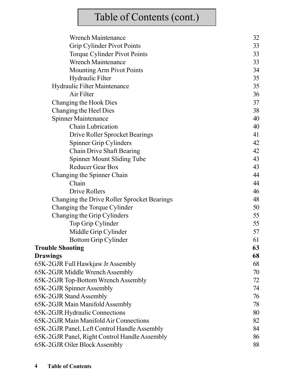 Table of contents (cont.) | Hawk Industries Hawkjaw Jr. Manual 65K-2GJR Serial Numbers 21 to 32 User Manual | Page 4 / 147