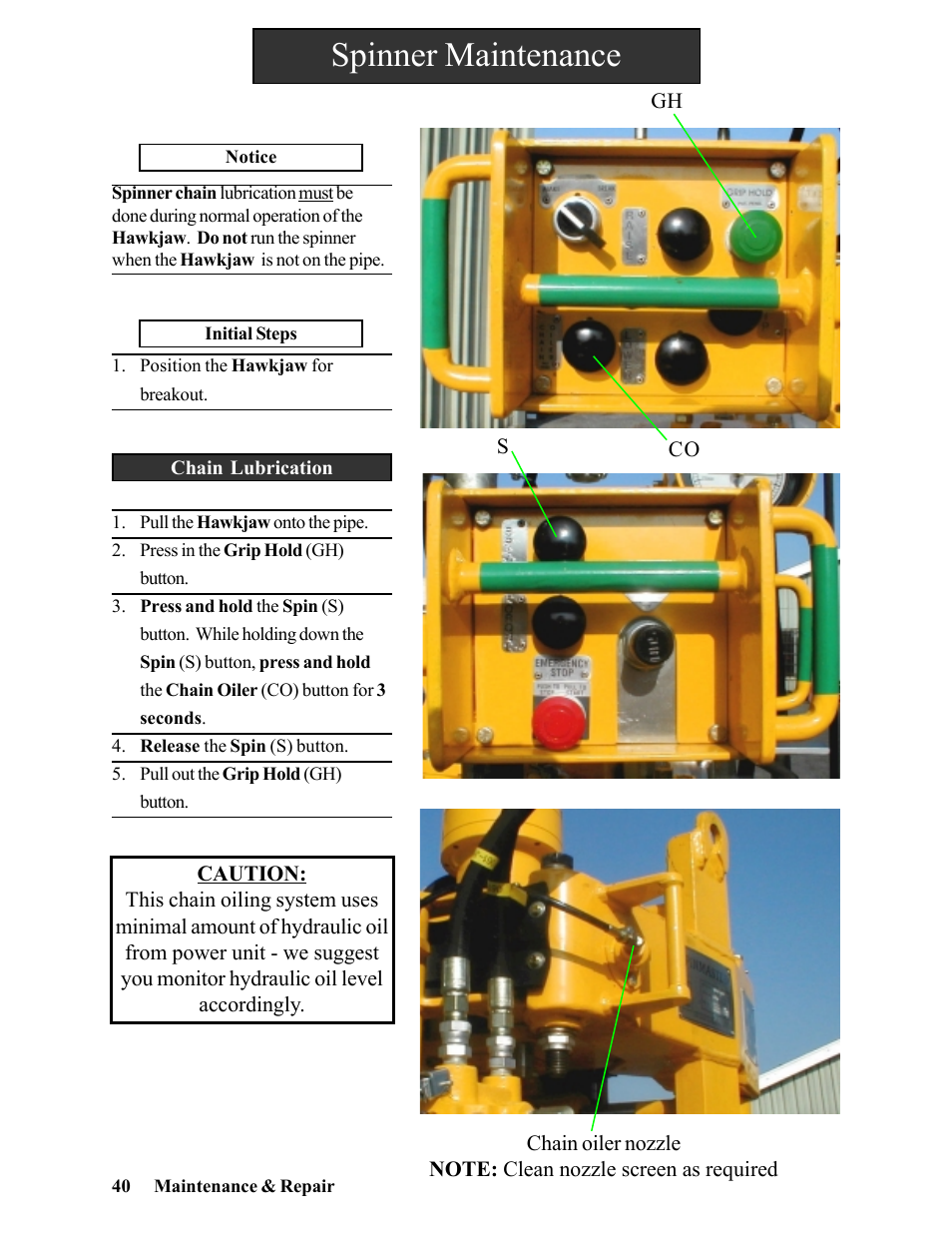 Spinner maintenance | Hawk Industries Hawkjaw Jr. Manual 65K-2GJR Serial Numbers 21 to 32 User Manual | Page 40 / 147