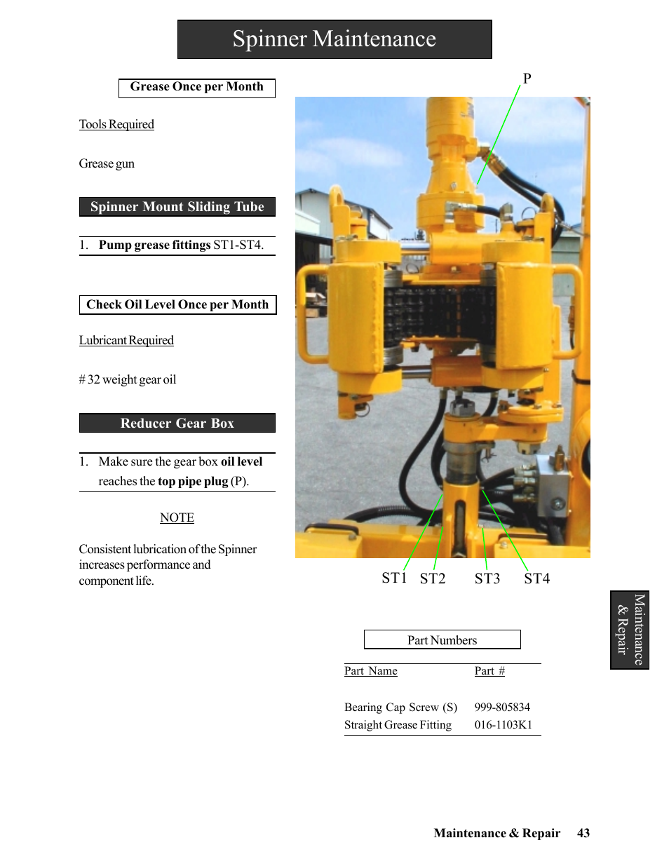 Spinner mount sliding tube, Reducer gear box, Spinner maintenance | Hawk Industries Hawkjaw Jr. Manual 65K-2GJR Serial Numbers 21 to 32 User Manual | Page 43 / 147