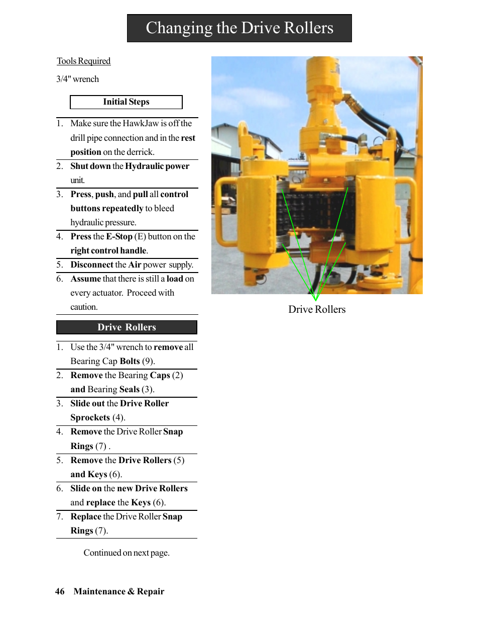 Changing the drive rollers | Hawk Industries Hawkjaw Jr. Manual 65K-2GJR Serial Numbers 21 to 32 User Manual | Page 46 / 147