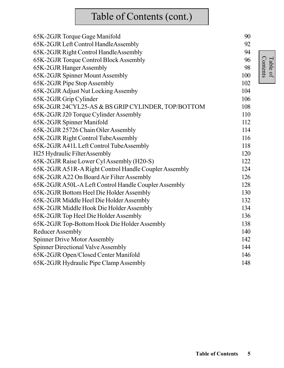 Table of contents (cont.) | Hawk Industries Hawkjaw Jr. Manual 65K-2GJR Serial Numbers 21 to 32 User Manual | Page 5 / 147