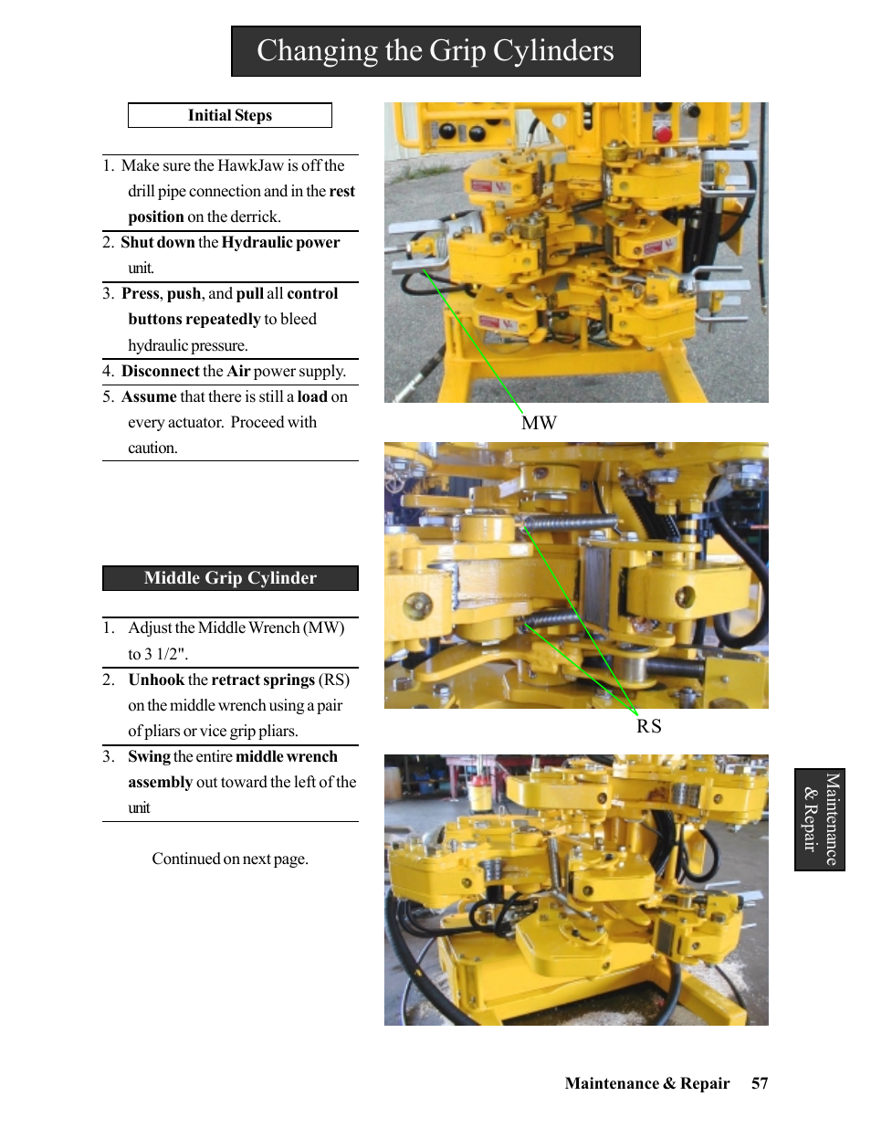 Middle grip cylinder, Changing the grip cylinders | Hawk Industries Hawkjaw Jr. Manual 65K-2GJR Serial Numbers 21 to 32 User Manual | Page 57 / 147