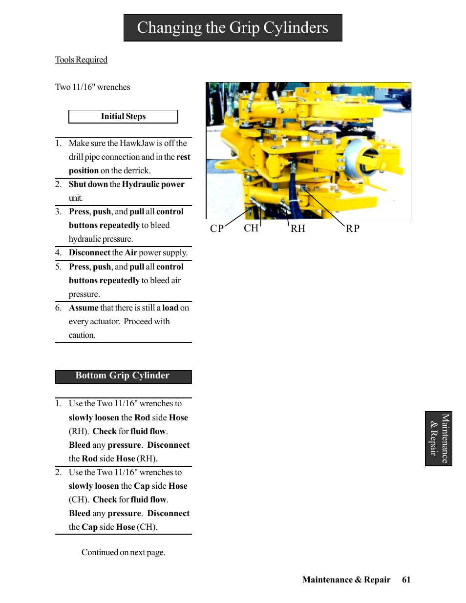 Bottom grip cylinder, Trouble shooting, Changing the grip cylinders | Hawk Industries Hawkjaw Jr. Manual 65K-2GJR Serial Numbers 21 to 32 User Manual | Page 61 / 147
