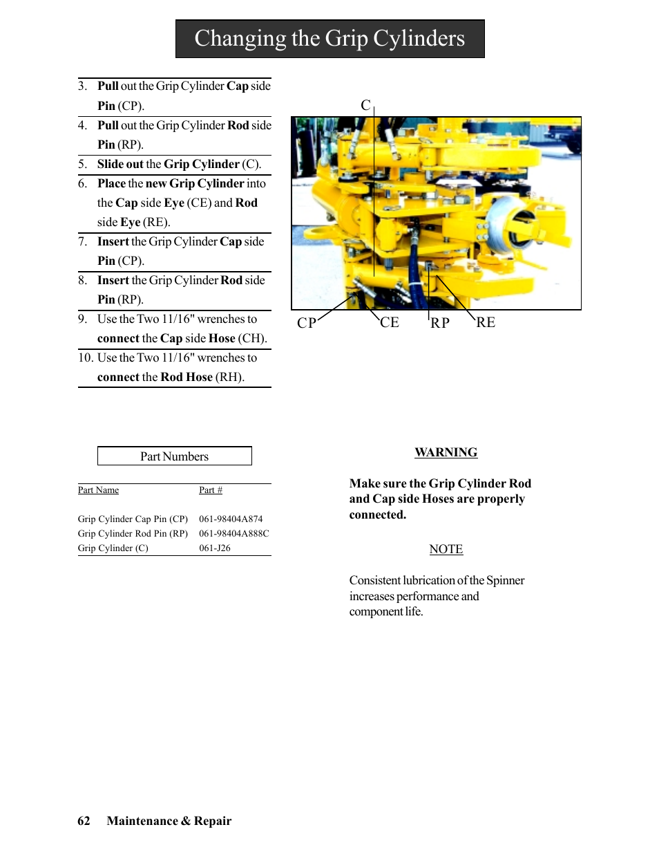 Changing the grip cylinders | Hawk Industries Hawkjaw Jr. Manual 65K-2GJR Serial Numbers 21 to 32 User Manual | Page 62 / 147