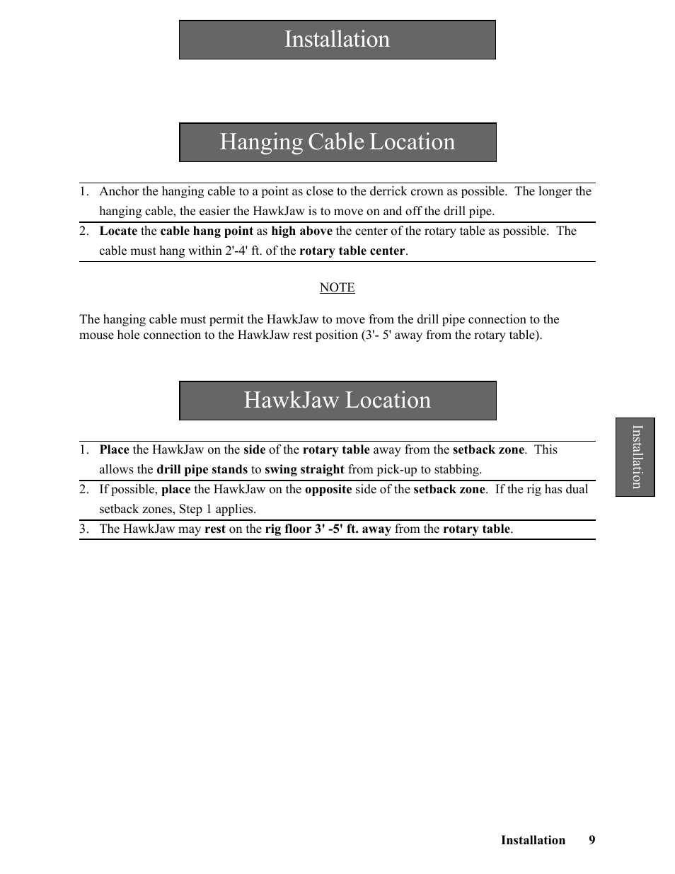 Installation, Hanging cable location, Hawkjaw location | Hawk Industries Hawkjaw Jr. Manual 65K-2GJR Serial Numbers 21 to 32 User Manual | Page 9 / 147