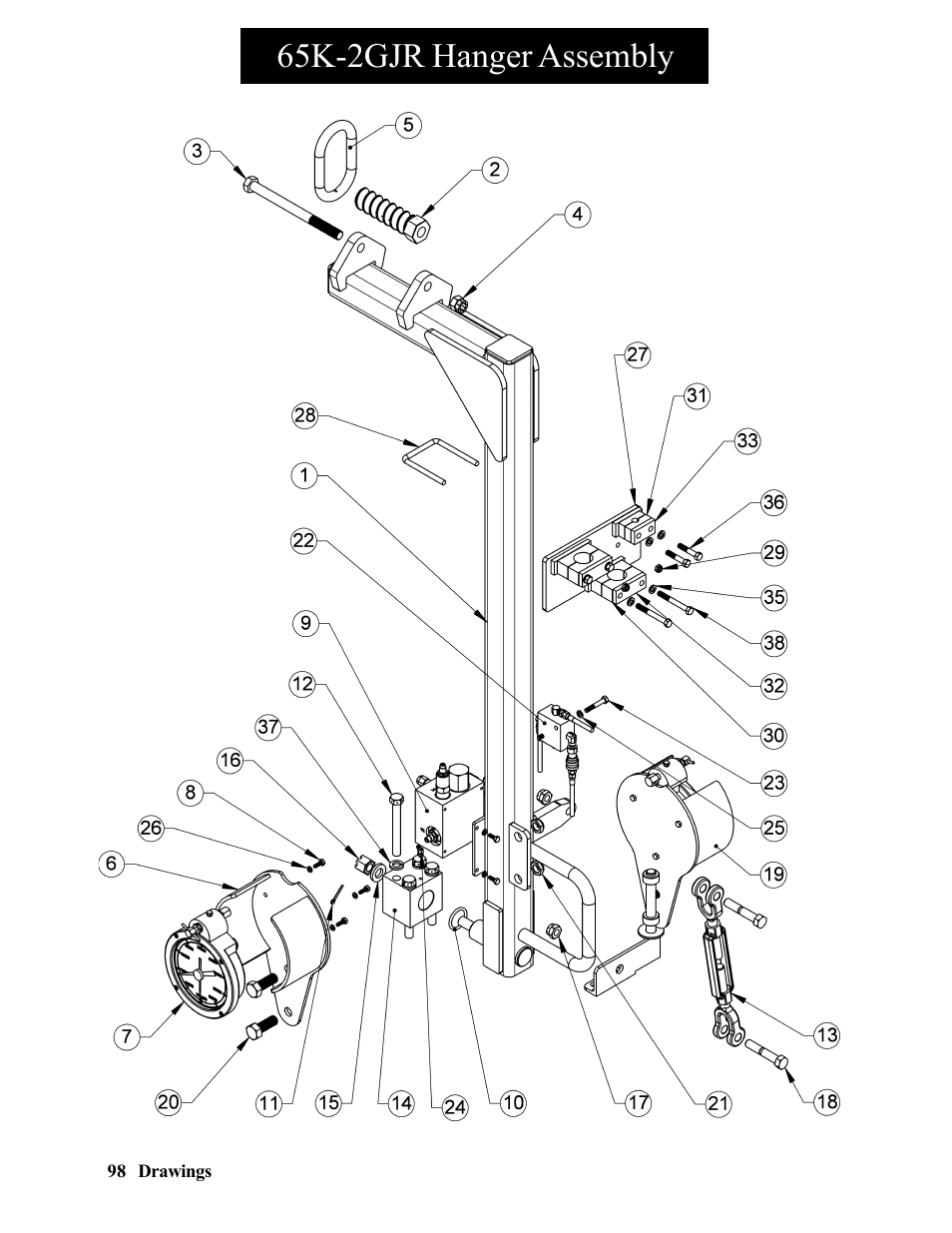 65k-2gjr hanger assembly | Hawk Industries Hawkjaw Jr. Manual 65K-2GJR Serial Numbers 21 to 32 User Manual | Page 98 / 147