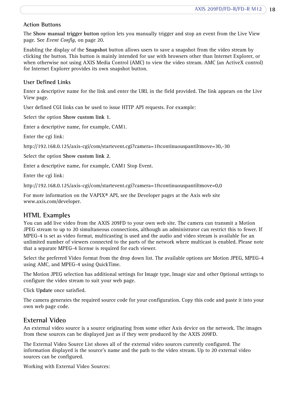Html examples, External video | Axis Communications 209 FD-R M12 User Manual | Page 18 / 46