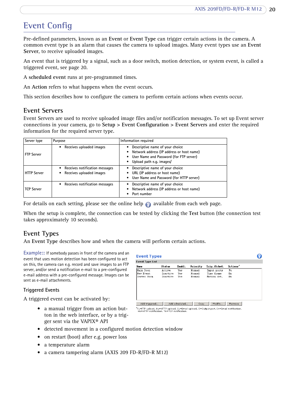 Event config, Event servers, Event types | Axis Communications 209 FD-R M12 User Manual | Page 20 / 46