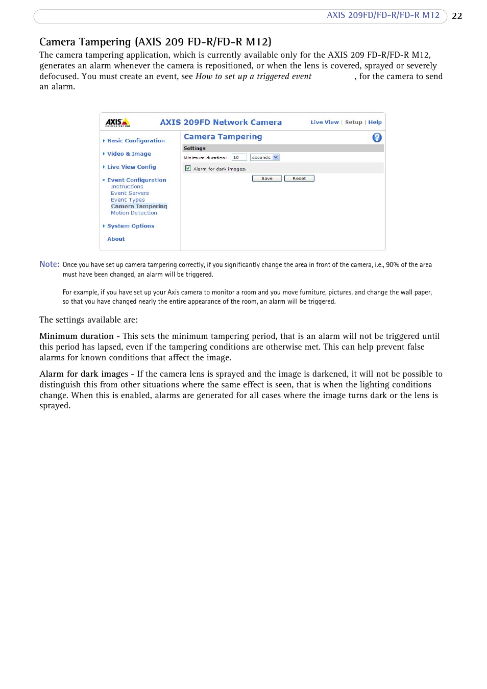 Camera tampering (axis 209 fd-r/fd-r m12) | Axis Communications 209 FD-R M12 User Manual | Page 22 / 46