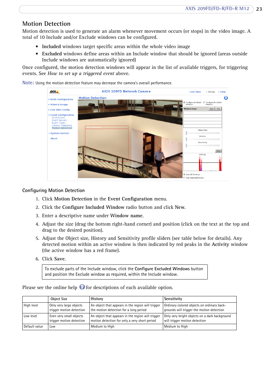 Motion detection | Axis Communications 209 FD-R M12 User Manual | Page 23 / 46