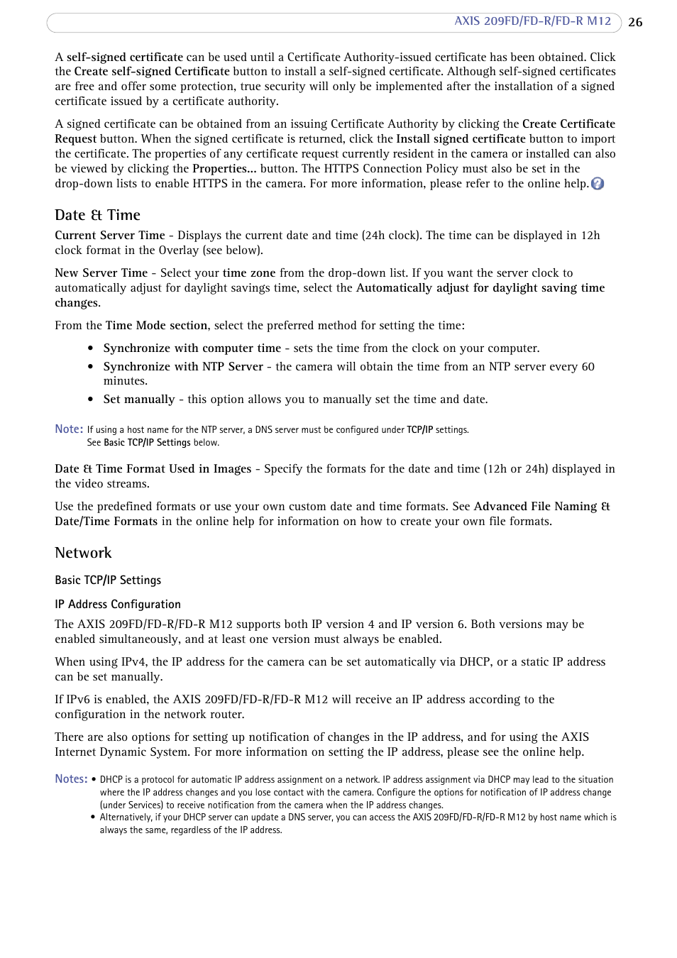 Date & time, Network | Axis Communications 209 FD-R M12 User Manual | Page 26 / 46
