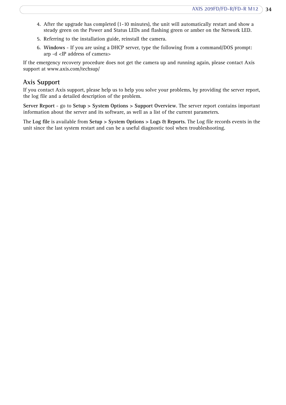 Axis support | Axis Communications 209 FD-R M12 User Manual | Page 34 / 46
