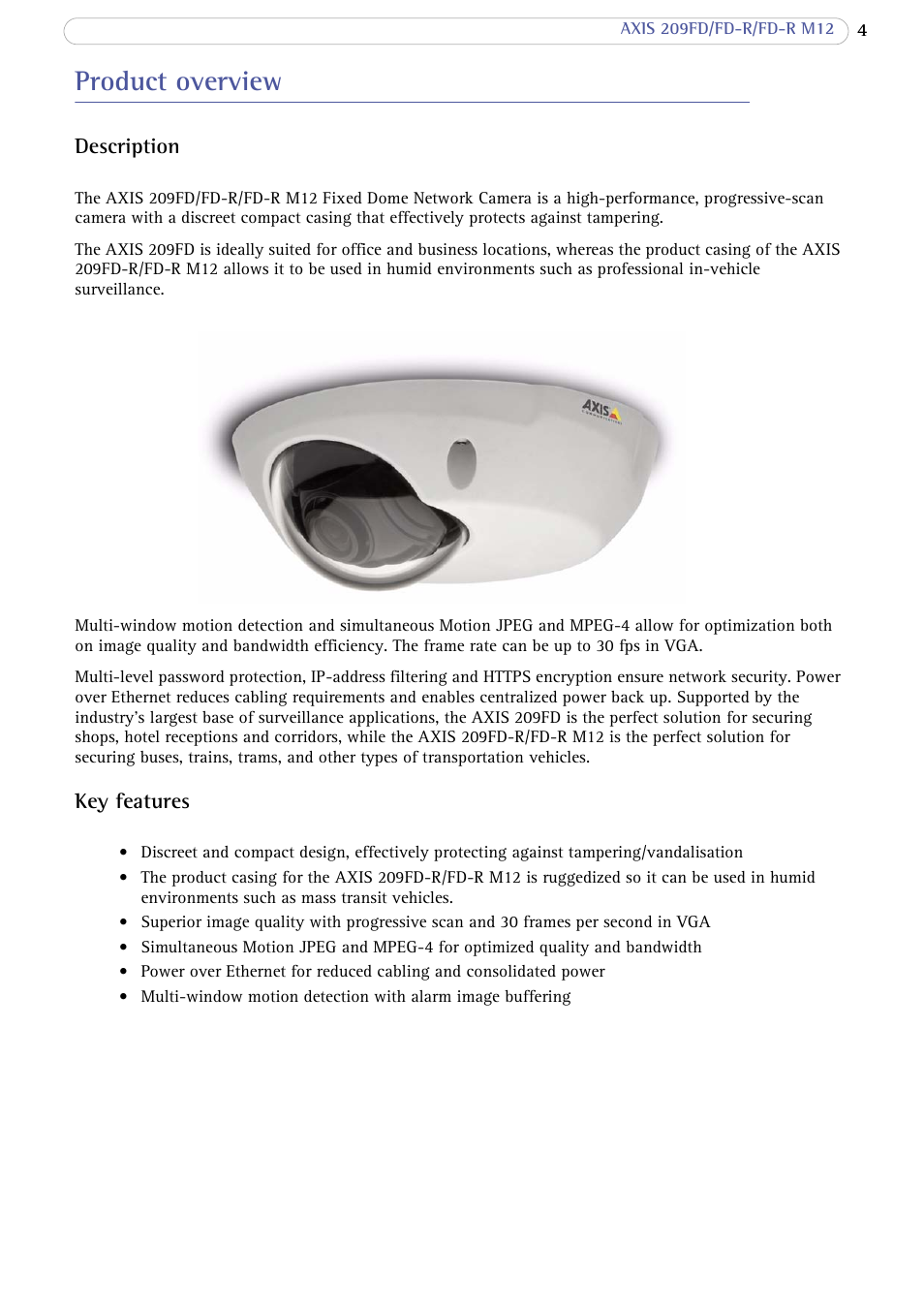 Product overview, Description, Key features | Axis Communications 209 FD-R M12 User Manual | Page 4 / 46