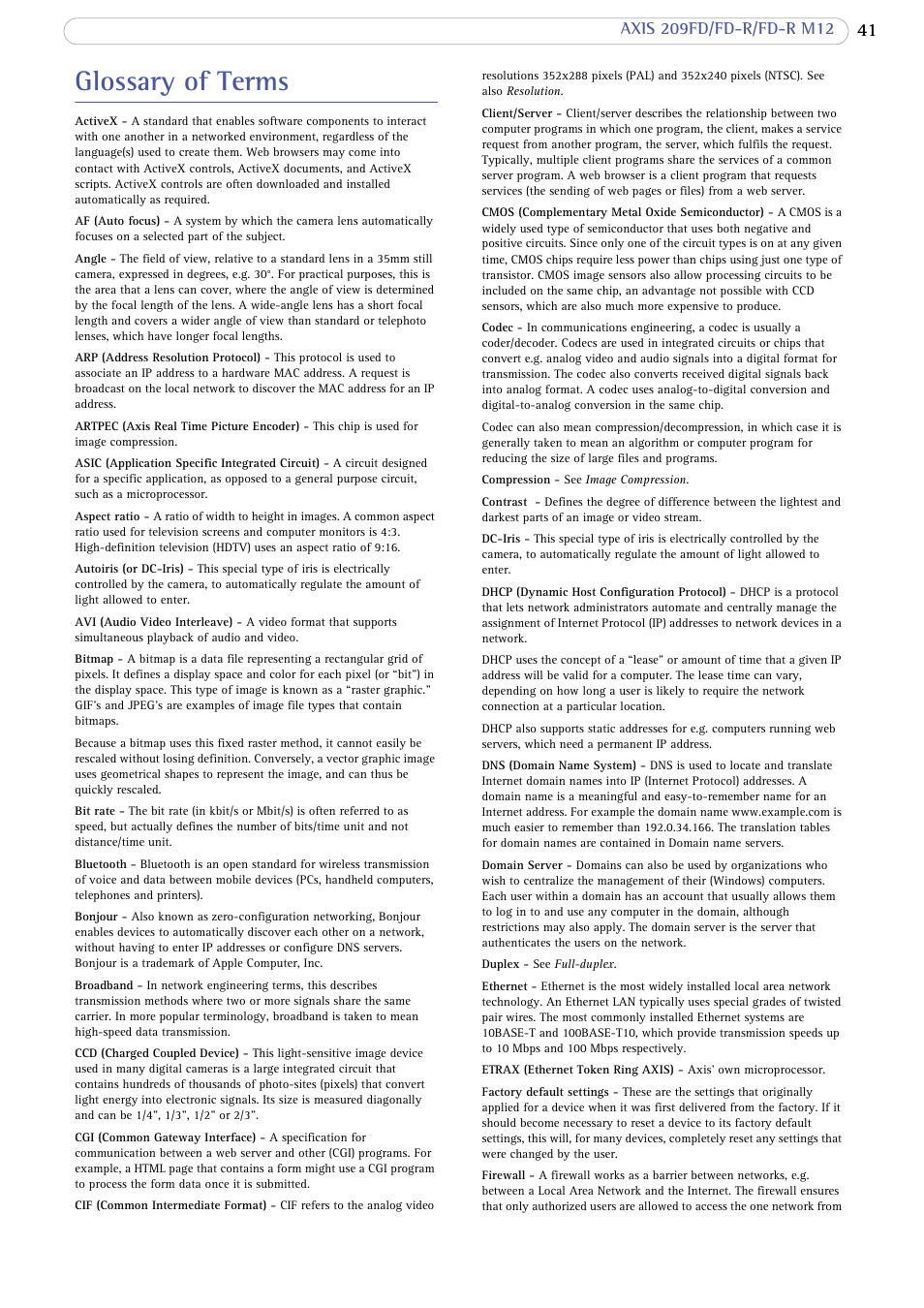 Glossary of terms | Axis Communications 209 FD-R M12 User Manual | Page 41 / 46