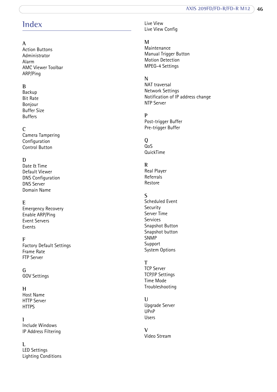 Index | Axis Communications 209 FD-R M12 User Manual | Page 46 / 46