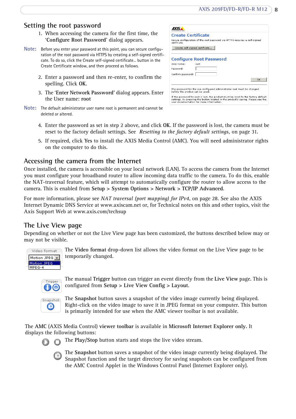 Setting the root password, Accessing the camera from the internet, The live view page | Axis Communications 209 FD-R M12 User Manual | Page 8 / 46