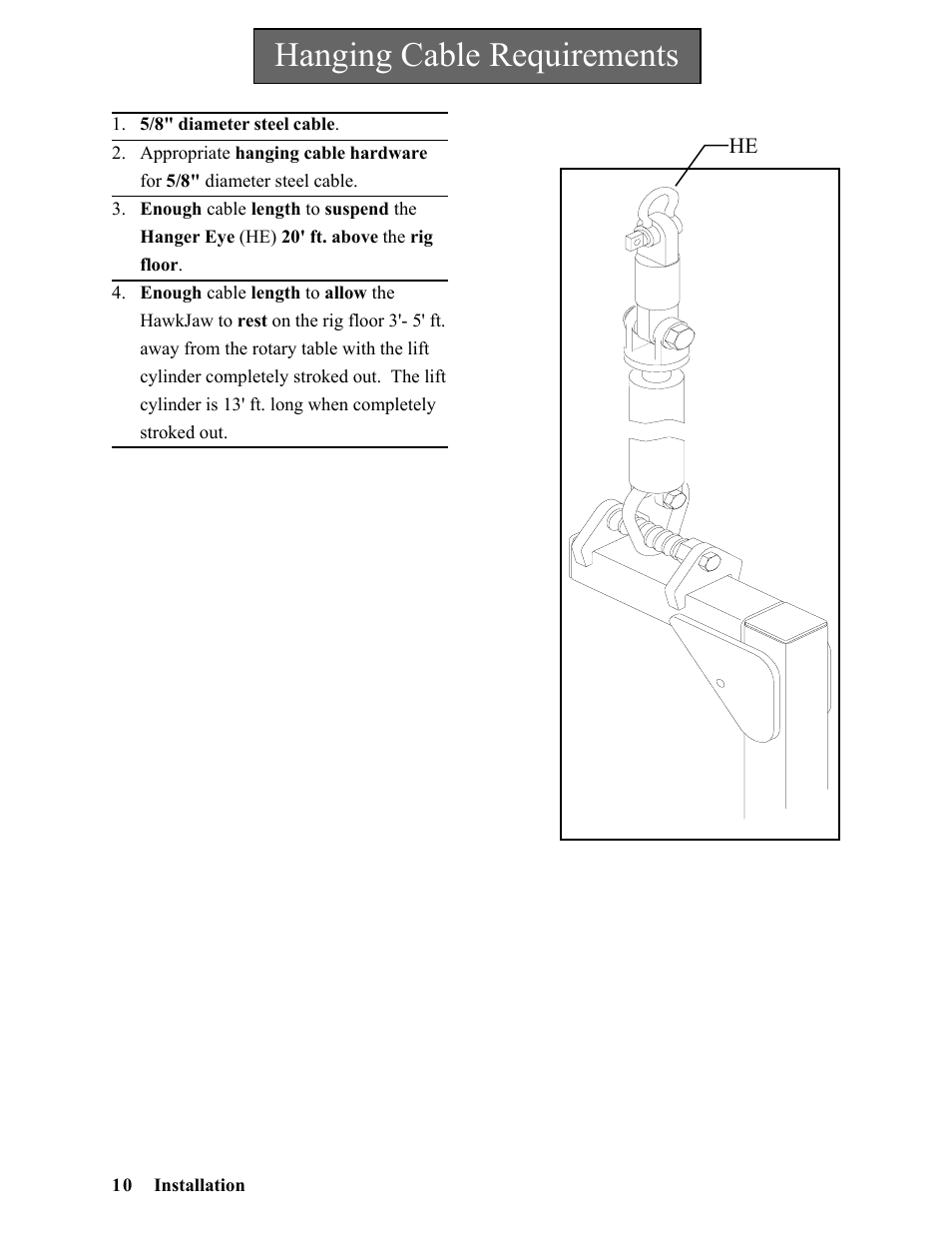 Hanging cable requirements | Hawk Industries Hawkjaw Sr. Manual ALS Serial Numbers 1 to 100 User Manual | Page 10 / 159