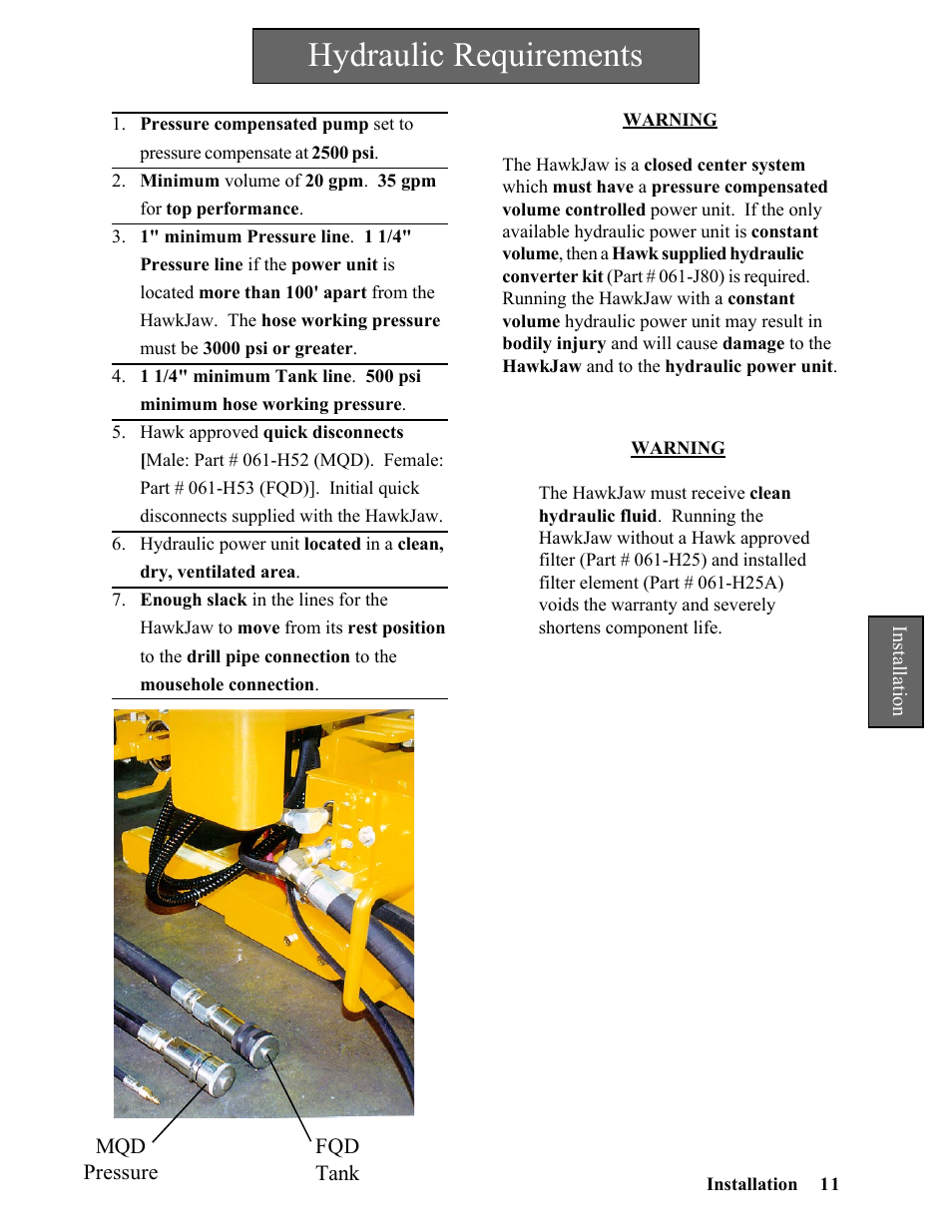Hydraulic requirements | Hawk Industries Hawkjaw Sr. Manual ALS Serial Numbers 1 to 100 User Manual | Page 11 / 159
