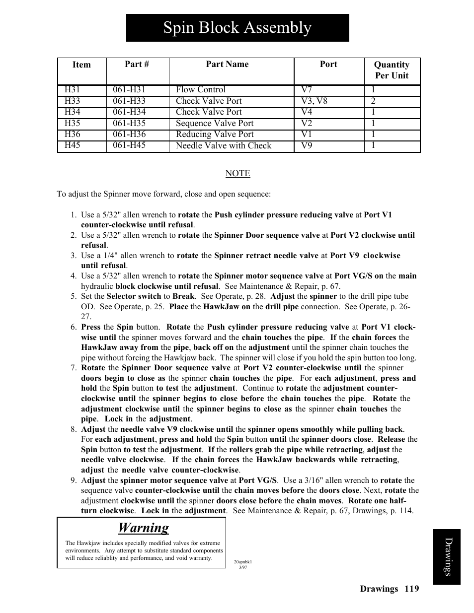 Spin block assembly, Warning | Hawk Industries Hawkjaw Sr. Manual ALS Serial Numbers 1 to 100 User Manual | Page 119 / 159