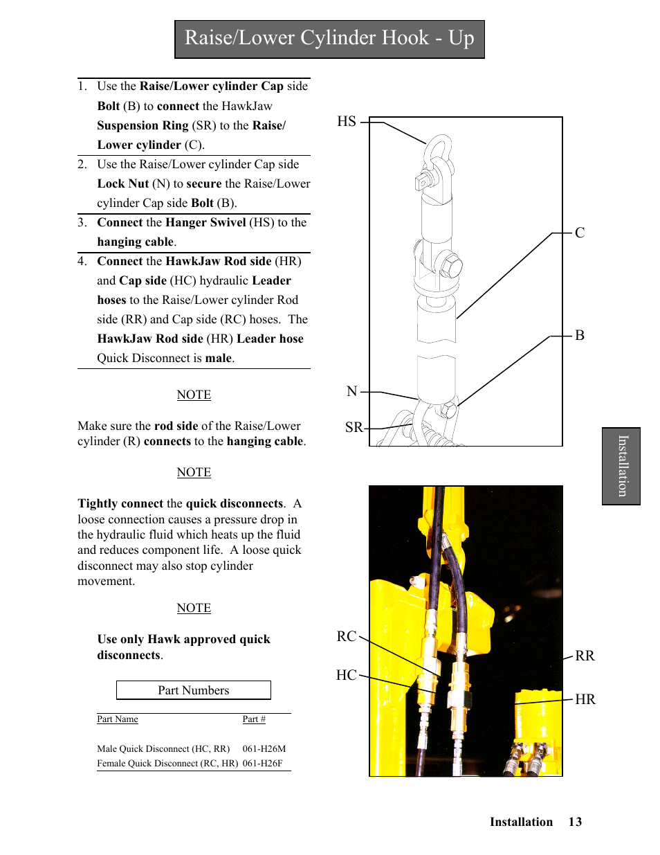 Raise/lower cylinder hook - up | Hawk Industries Hawkjaw Sr. Manual ALS Serial Numbers 1 to 100 User Manual | Page 13 / 159