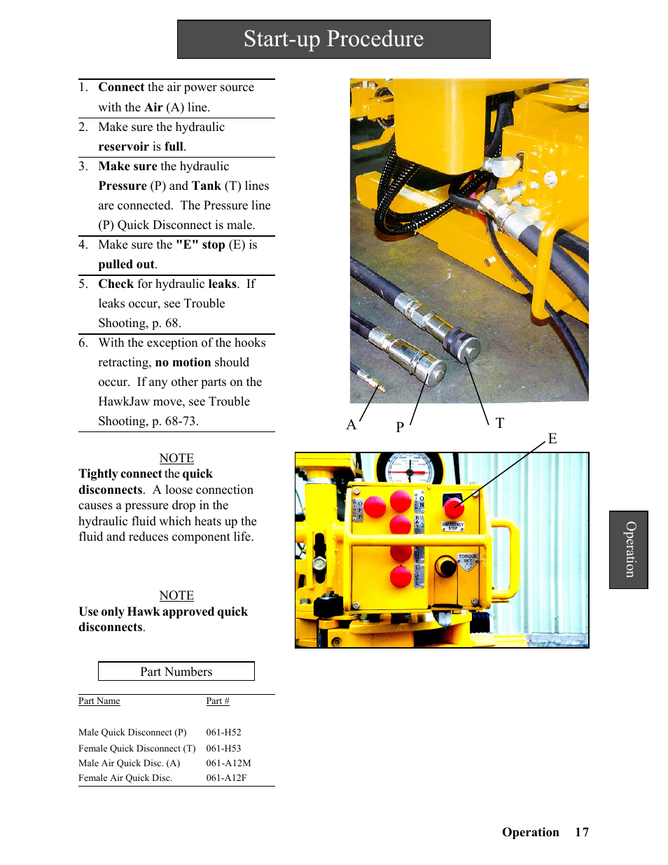 Start-up procedure | Hawk Industries Hawkjaw Sr. Manual ALS Serial Numbers 1 to 100 User Manual | Page 17 / 159