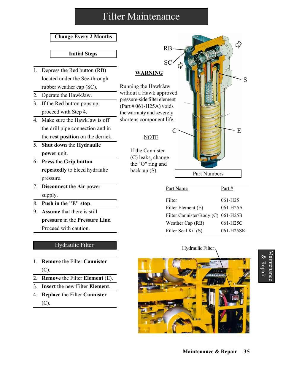 Filter maintenance | Hawk Industries Hawkjaw Sr. Manual ALS Serial Numbers 1 to 100 User Manual | Page 35 / 159
