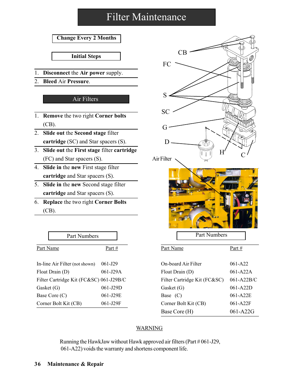 Filter maintenance | Hawk Industries Hawkjaw Sr. Manual ALS Serial Numbers 1 to 100 User Manual | Page 36 / 159