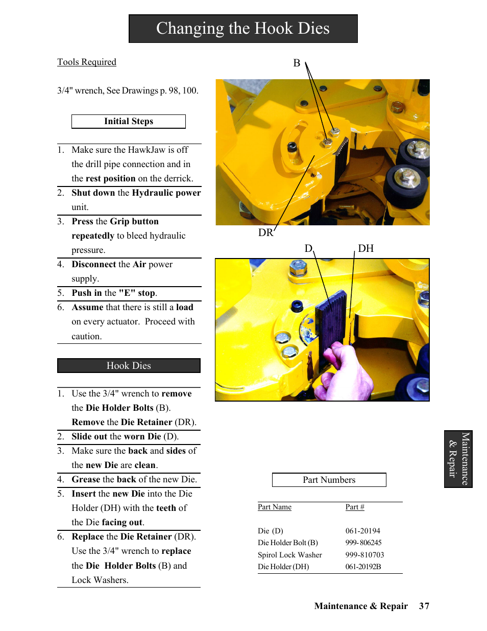 Changing the hook dies | Hawk Industries Hawkjaw Sr. Manual ALS Serial Numbers 1 to 100 User Manual | Page 37 / 159