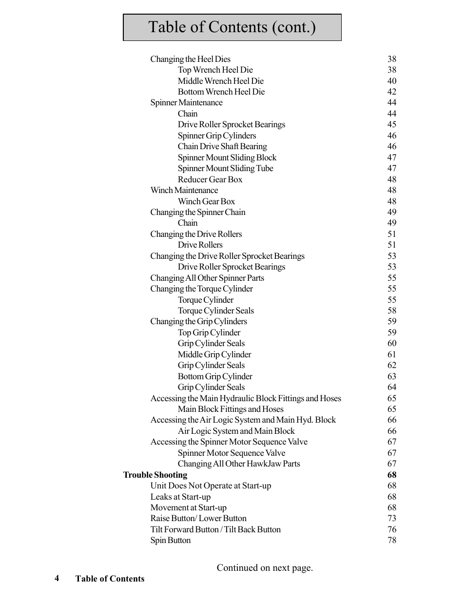 Table of contents (cont.) | Hawk Industries Hawkjaw Sr. Manual ALS Serial Numbers 1 to 100 User Manual | Page 4 / 159