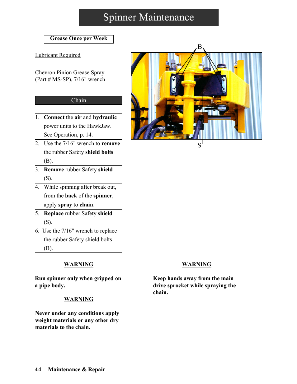 Spinner maintenance | Hawk Industries Hawkjaw Sr. Manual ALS Serial Numbers 1 to 100 User Manual | Page 44 / 159