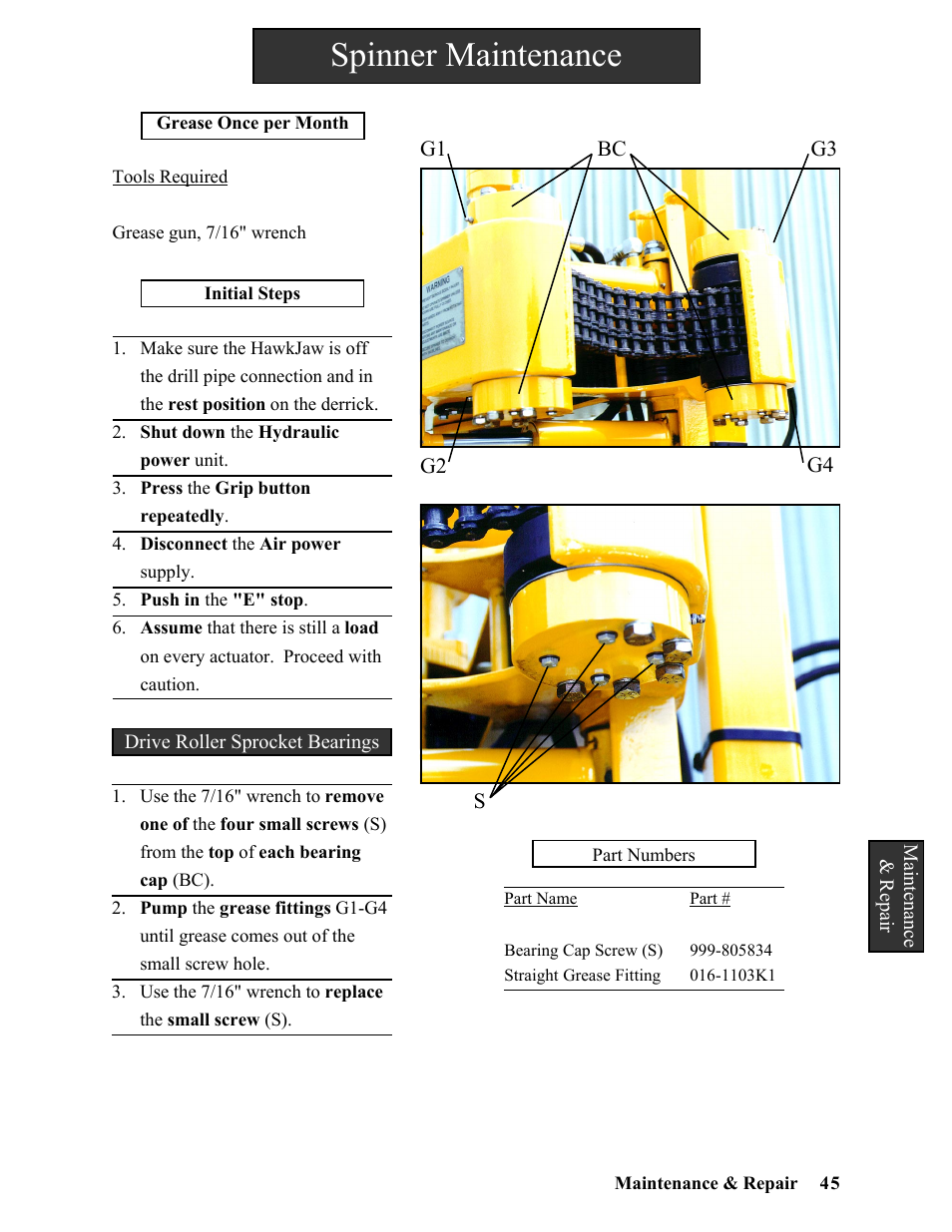 Spinner maintenance | Hawk Industries Hawkjaw Sr. Manual ALS Serial Numbers 1 to 100 User Manual | Page 45 / 159