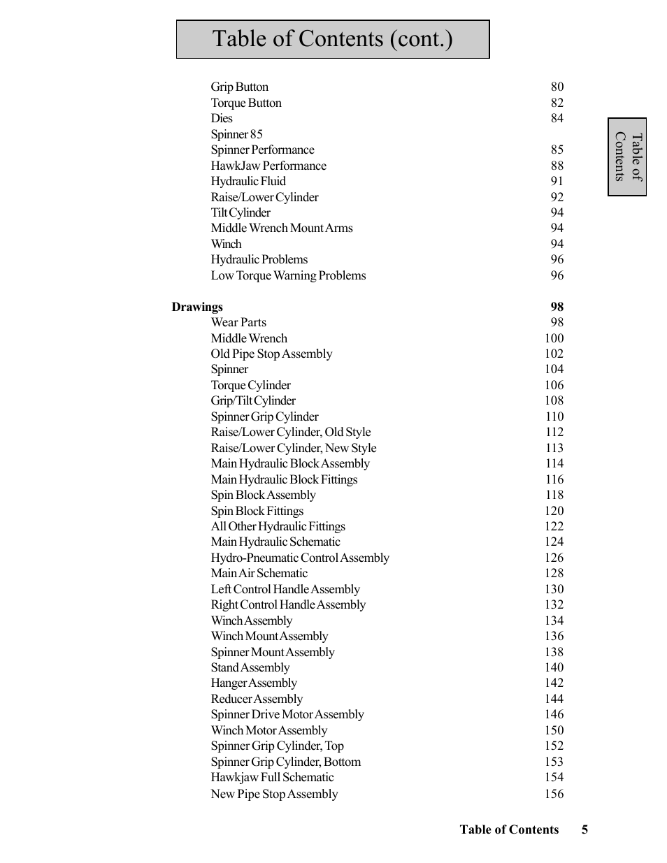 Table of contents (cont.) | Hawk Industries Hawkjaw Sr. Manual ALS Serial Numbers 1 to 100 User Manual | Page 5 / 159