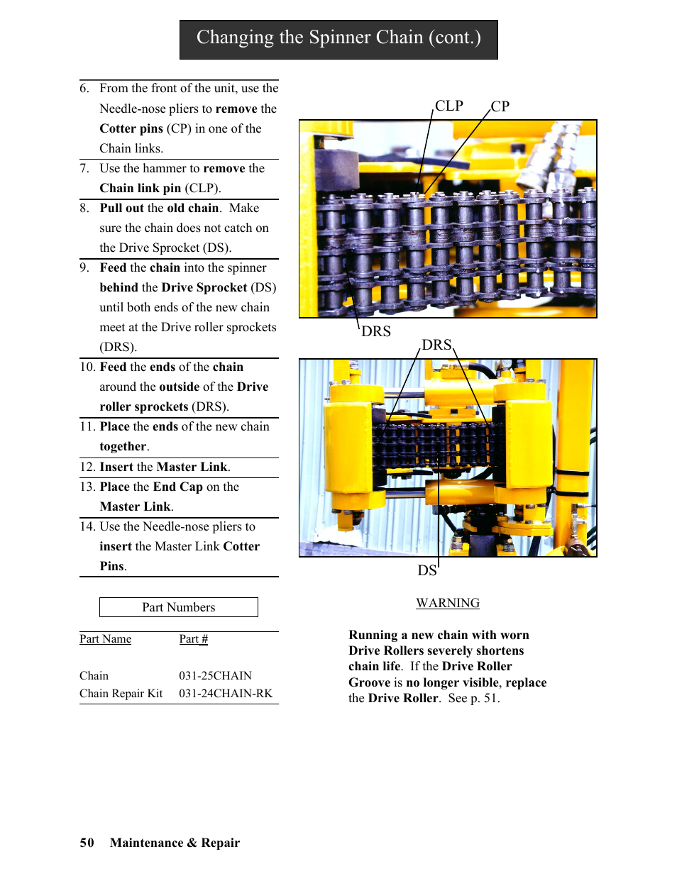 Changing the spinner chain (cont.) | Hawk Industries Hawkjaw Sr. Manual ALS Serial Numbers 1 to 100 User Manual | Page 50 / 159