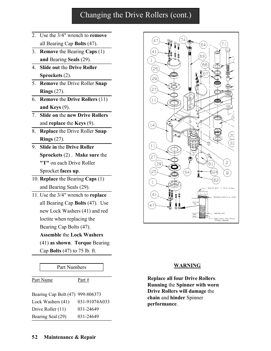 Changing the drive rollers (cont.) | Hawk Industries Hawkjaw Sr. Manual ALS Serial Numbers 1 to 100 User Manual | Page 52 / 159