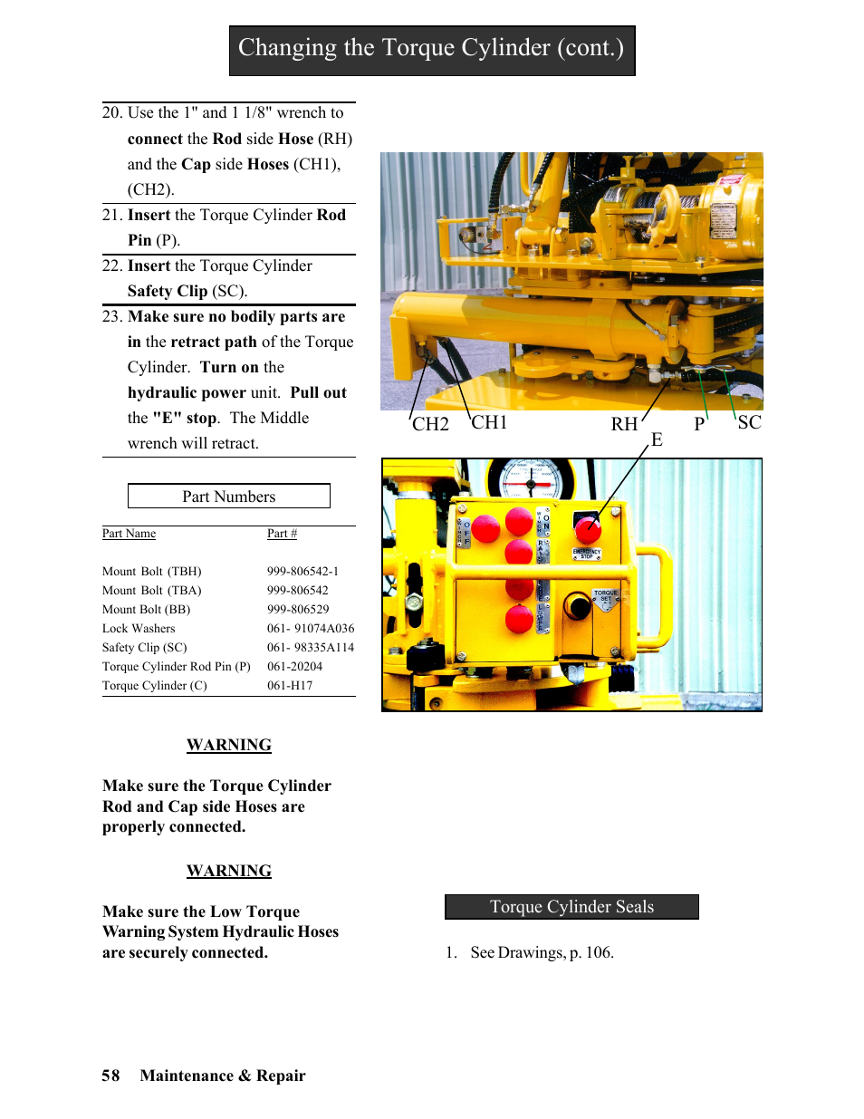 Changing the torque cylinder (cont.), Ch2 ch1 p sc, Rh e | Hawk Industries Hawkjaw Sr. Manual ALS Serial Numbers 1 to 100 User Manual | Page 58 / 159