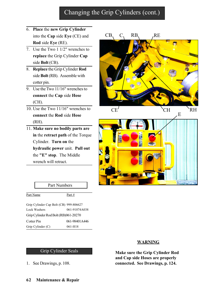 Changing the grip cylinders (cont.) | Hawk Industries Hawkjaw Sr. Manual ALS Serial Numbers 1 to 100 User Manual | Page 62 / 159