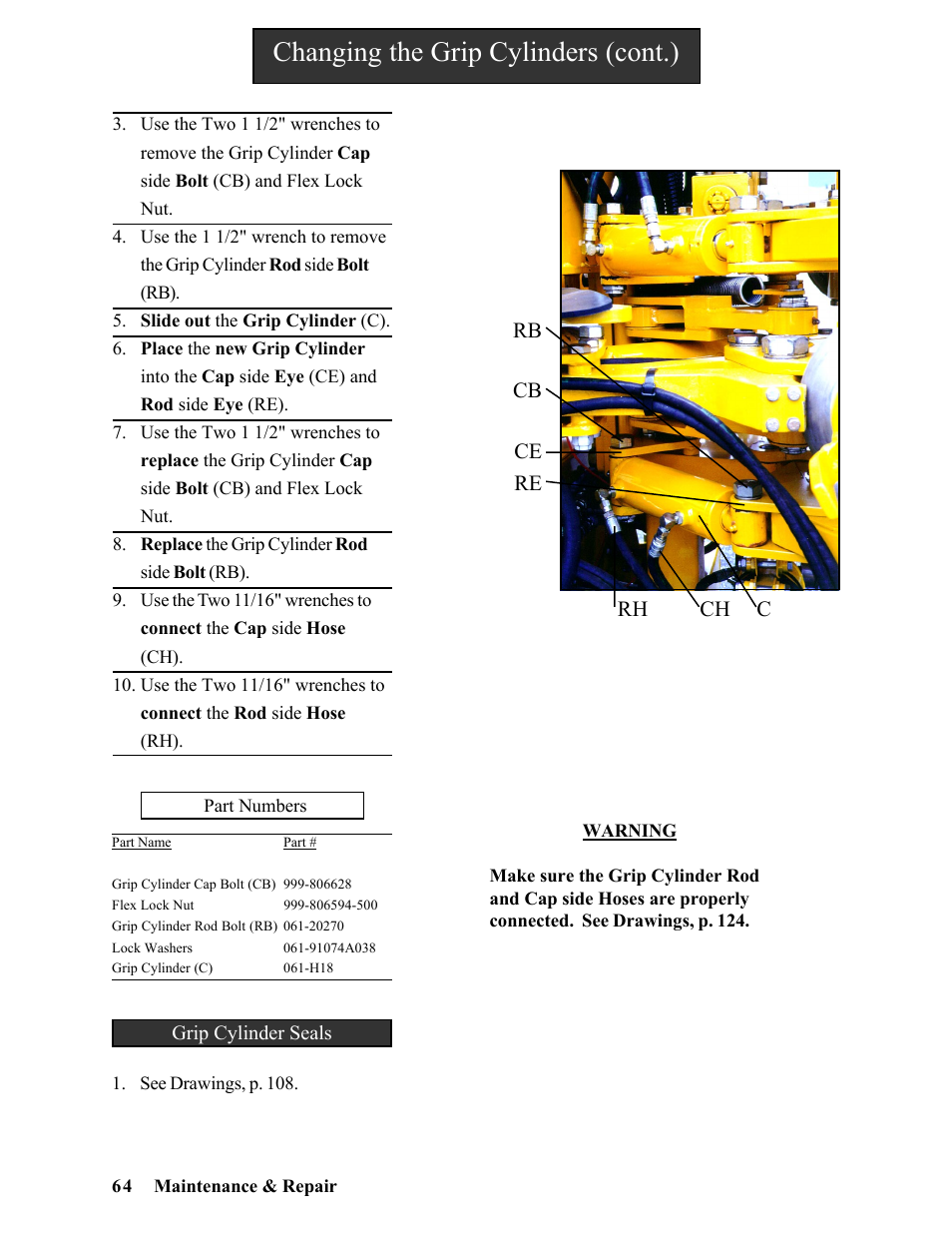 Changing the grip cylinders (cont.) | Hawk Industries Hawkjaw Sr. Manual ALS Serial Numbers 1 to 100 User Manual | Page 64 / 159
