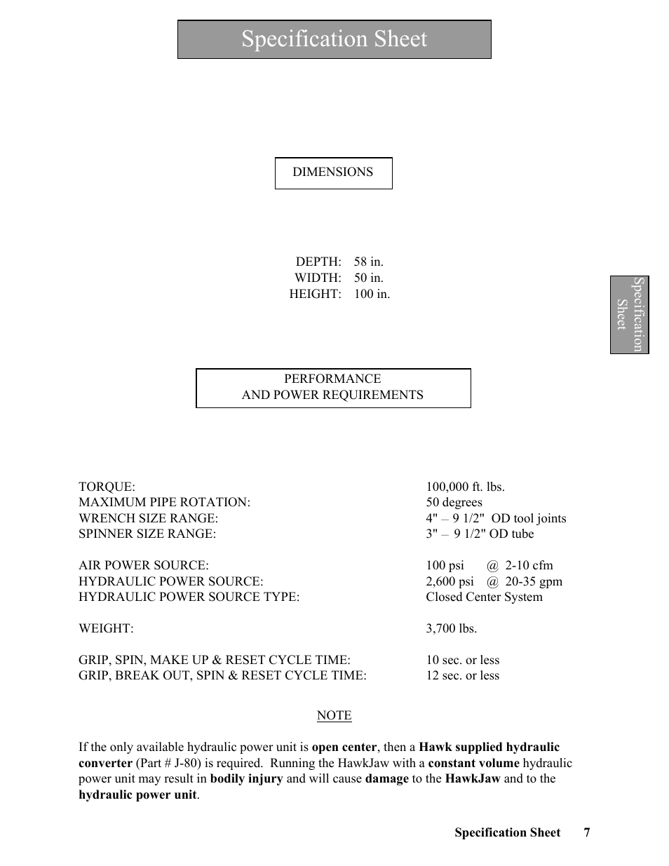 Specification sheet | Hawk Industries Hawkjaw Sr. Manual ALS Serial Numbers 1 to 100 User Manual | Page 7 / 159