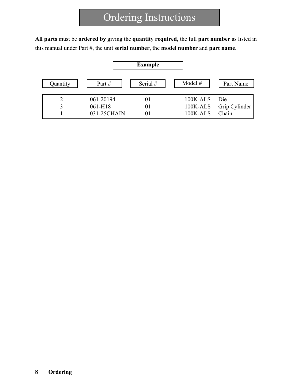 Ordering instructions | Hawk Industries Hawkjaw Sr. Manual ALS Serial Numbers 1 to 100 User Manual | Page 8 / 159