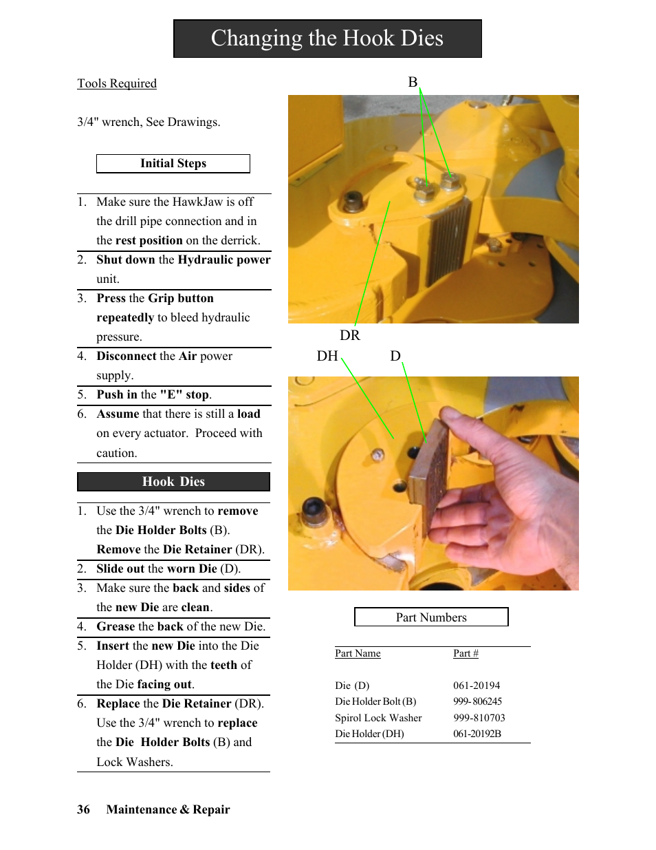 Changing the hook dies | Hawk Industries Hawkjaw Sr. Manual 100K-2GSR Serial Numbers 101 to 120 User Manual | Page 36 / 165