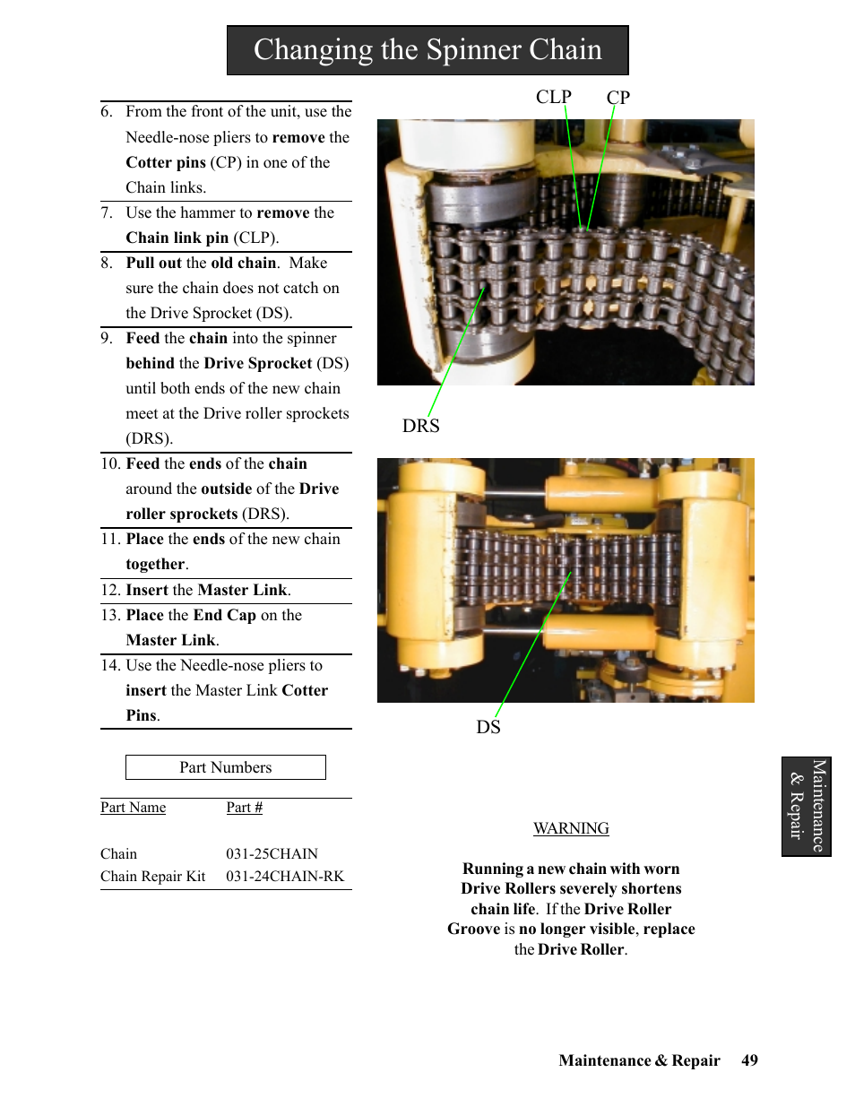 Changing the spinner chain | Hawk Industries Hawkjaw Sr. Manual 100K-2GSR Serial Numbers 101 to 120 User Manual | Page 49 / 165