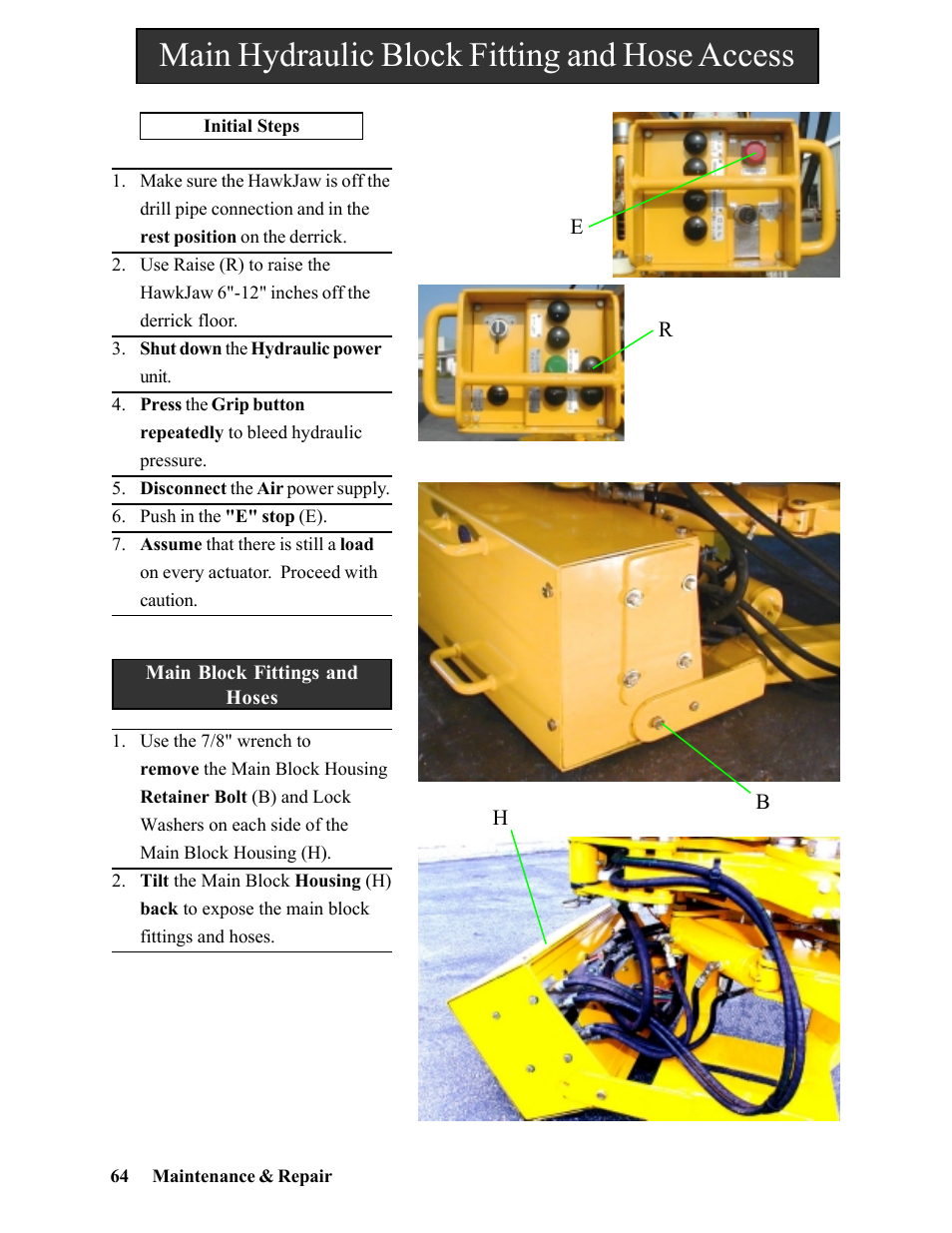 Main hydraulic block fitting and hose access | Hawk Industries Hawkjaw Sr. Manual 100K-2GSR Serial Numbers 101 to 120 User Manual | Page 64 / 165
