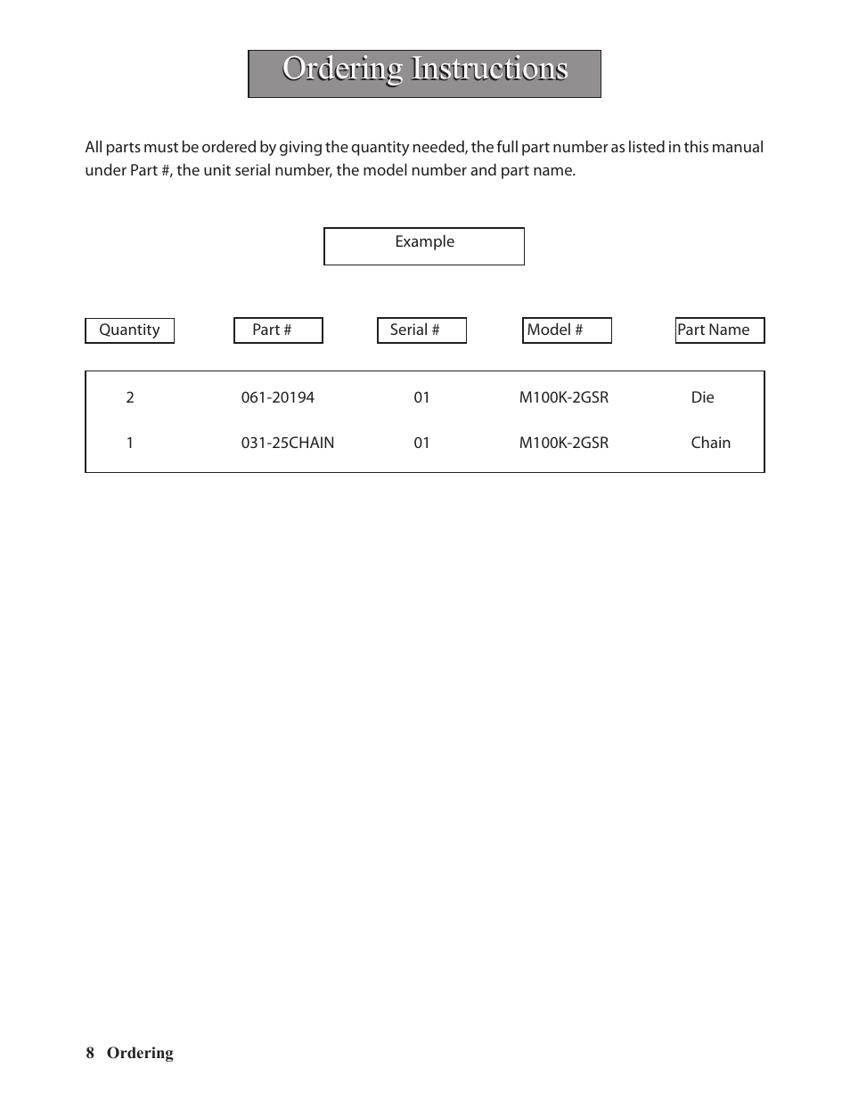 Ordering instructions | Hawk Industries Hawkjaw Sr. 100K-2GSR M100K Serial Numbers 141 to 200 User Manual | Page 10 / 215