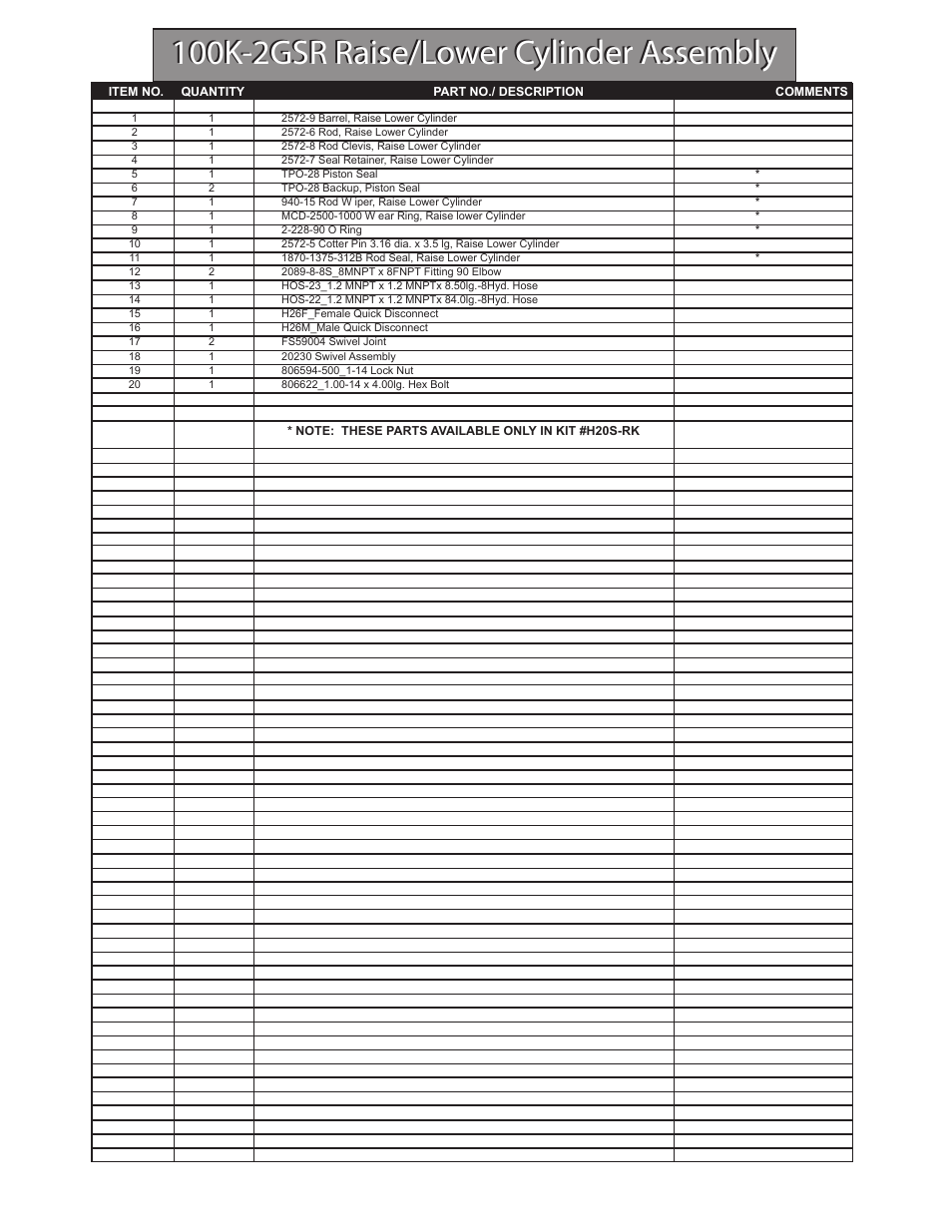 100k-2gsr raise/lower cylinder assembly | Hawk Industries Hawkjaw Sr. 100K-2GSR M100K Serial Numbers 141 to 200 User Manual | Page 109 / 215