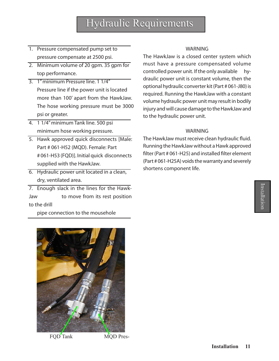 Hydraulic requirements | Hawk Industries Hawkjaw Sr. 100K-2GSR M100K Serial Numbers 141 to 200 User Manual | Page 13 / 215