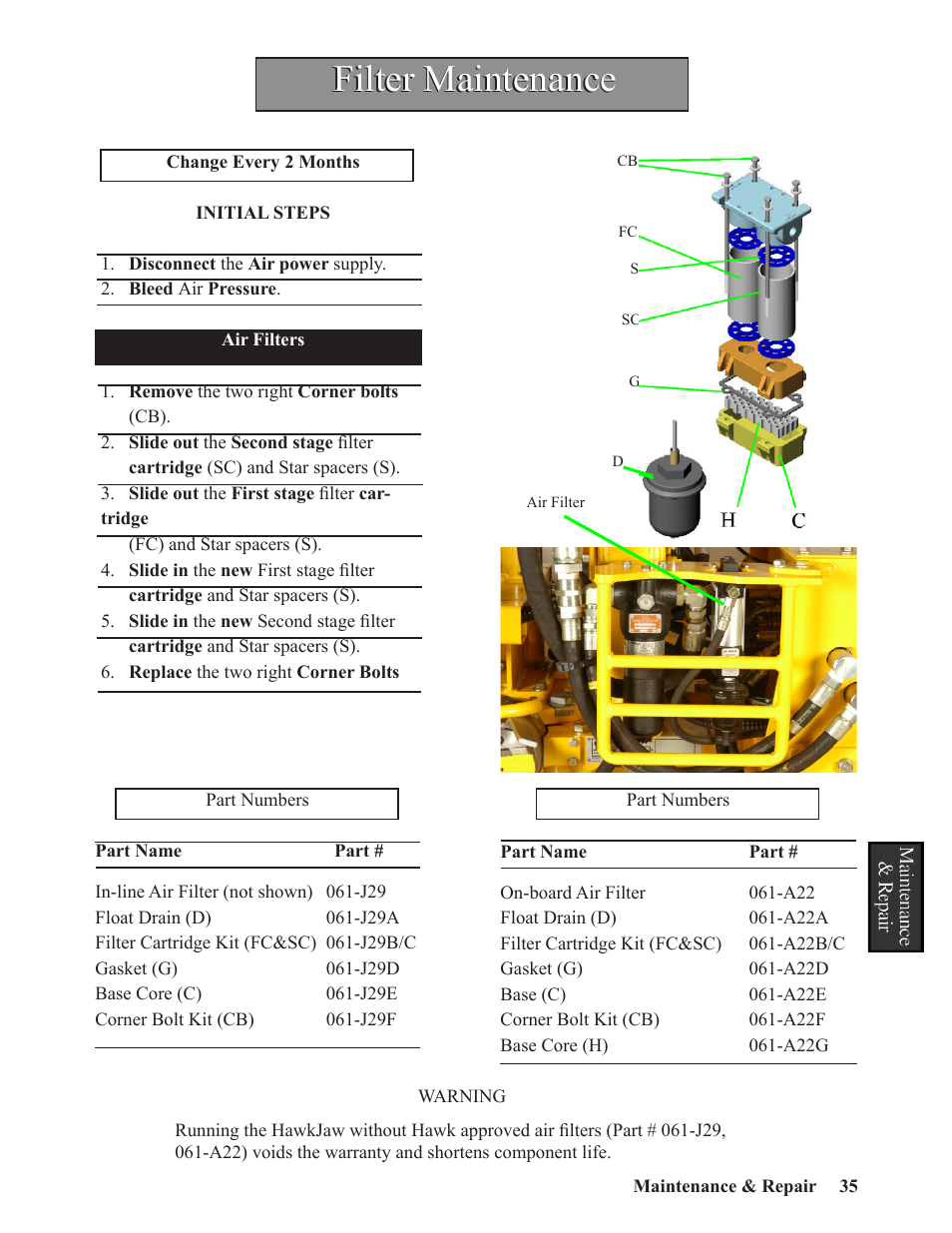 Filter maintenance | Hawk Industries Hawkjaw Sr. 100K-2GSR M100K Serial Numbers 141 to 200 User Manual | Page 37 / 215